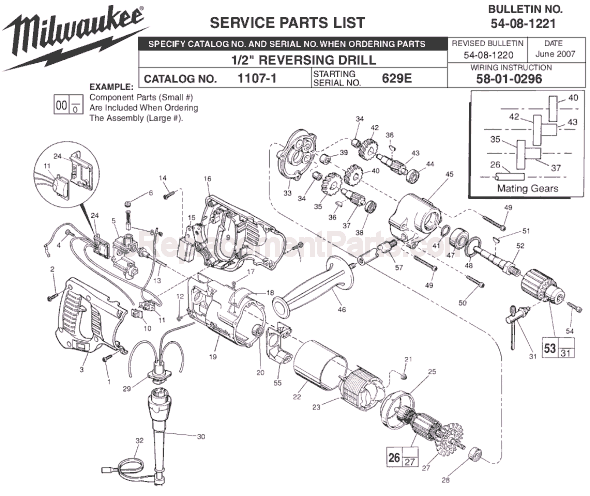 Page A Diagram and Parts List for SER 629E Milwaukee Electric Drill