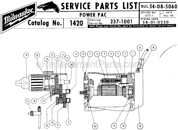 Page A Diagram and Parts List for SER 237-1001 Milwaukee Cordless Drill