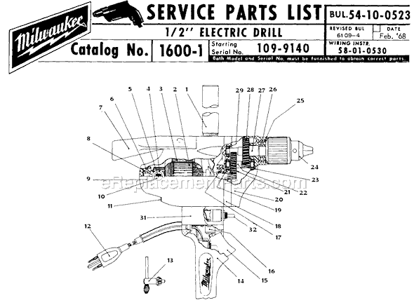 Page A Diagram and Parts List for SER 109-9140 Milwaukee Electric Drill