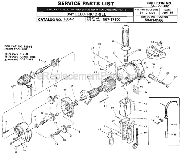 Page A Diagram and Parts List for SER 567-17100 Milwaukee Electric Drill