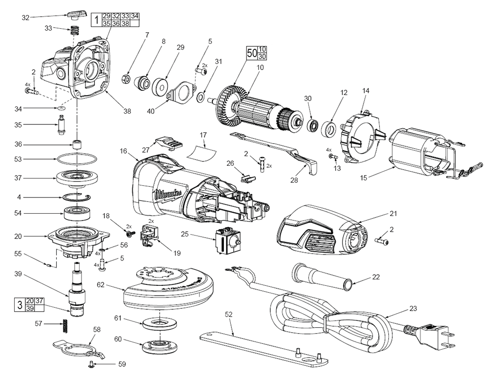 Fig-0 Diagram and Parts List for C27D Milwaukee Angle Grinder