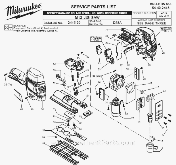 Page A Diagram and Parts List for D58A Milwaukee Jig Saw