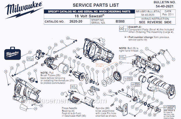 Page A Diagram and Parts List for B58B Milwaukee Reciprocating Saw