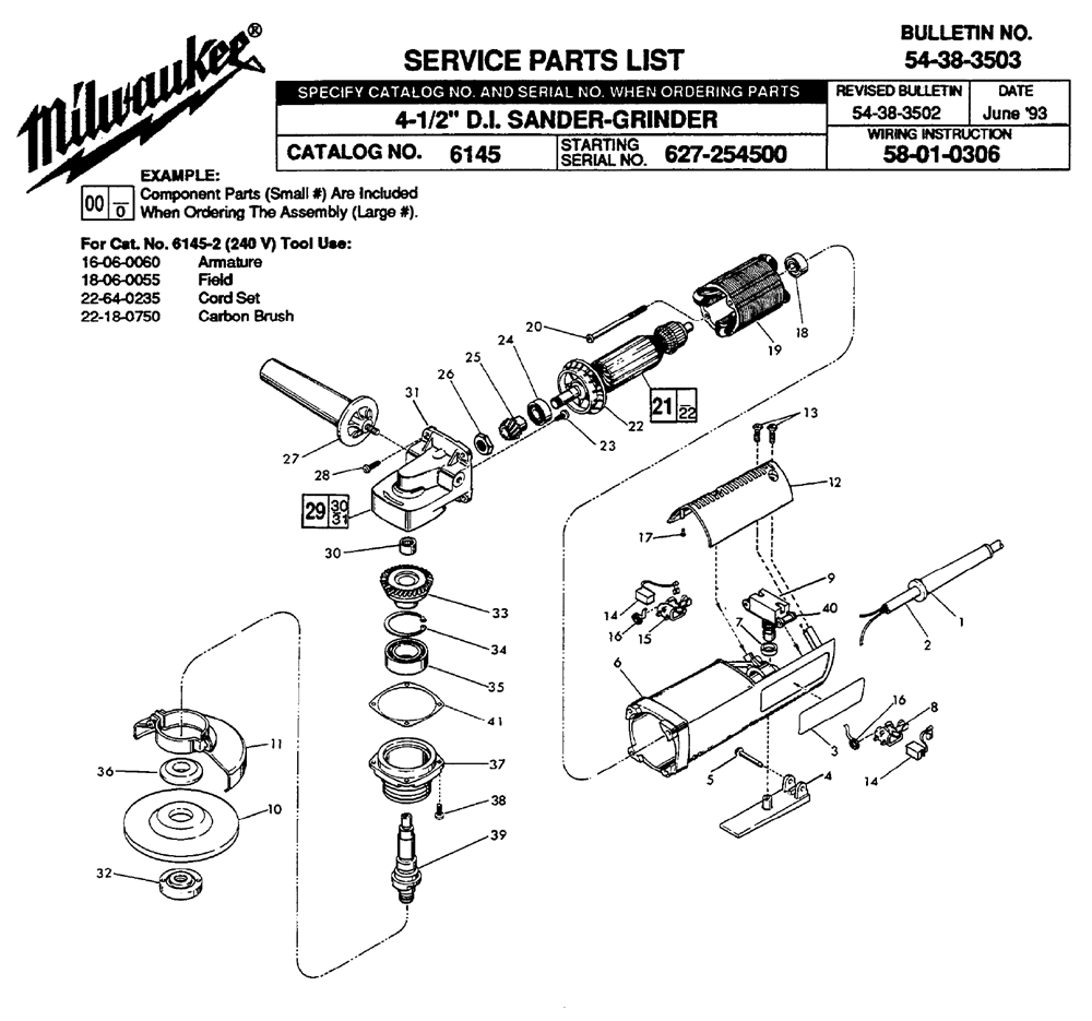 Fig-0 Diagram and Parts List for 627-254500 Milwaukee Angle Grinder