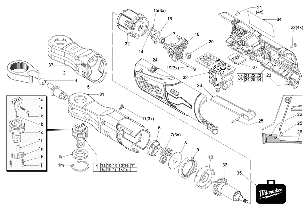 Fig-0 Diagram and Parts List for J19B Milwaukee Cordless Drill