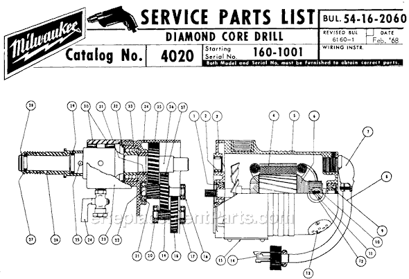 Page A Diagram and Parts List for SER 160-1001 Milwaukee Cordless Drill