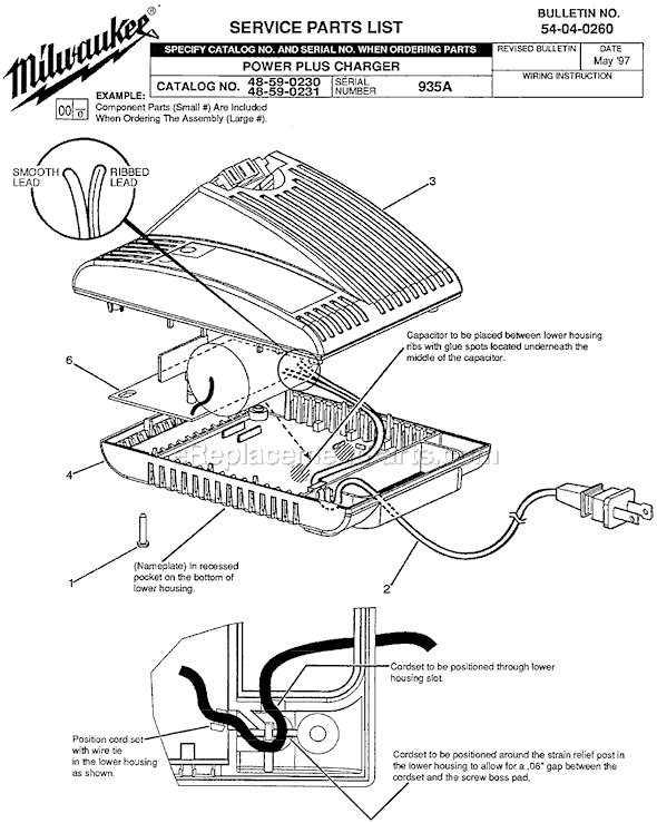 Page A Diagram and Parts List for SER 935A Milwaukee Charger