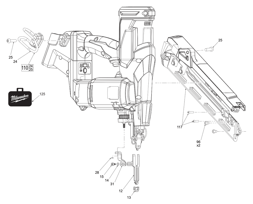 Fig-0 Diagram and Parts List for M04A Milwaukee Nailer