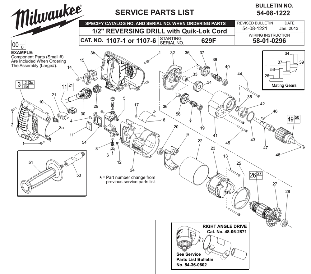 Fig-0 Diagram and Parts List for 629F Milwaukee Electric Drill