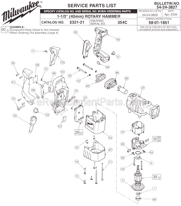 Page A Diagram and Parts List for SER 354C Milwaukee Demolition Hammer