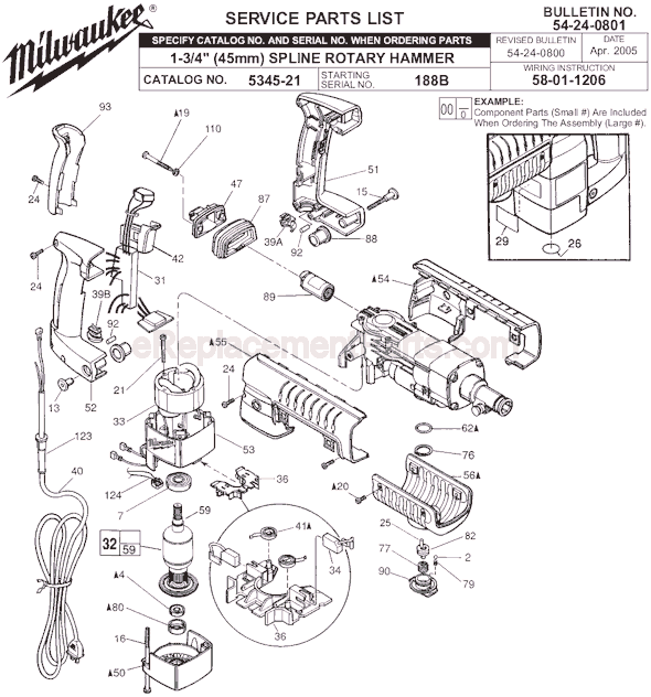 Page A Diagram and Parts List for SER 188B Milwaukee Demolition Hammer