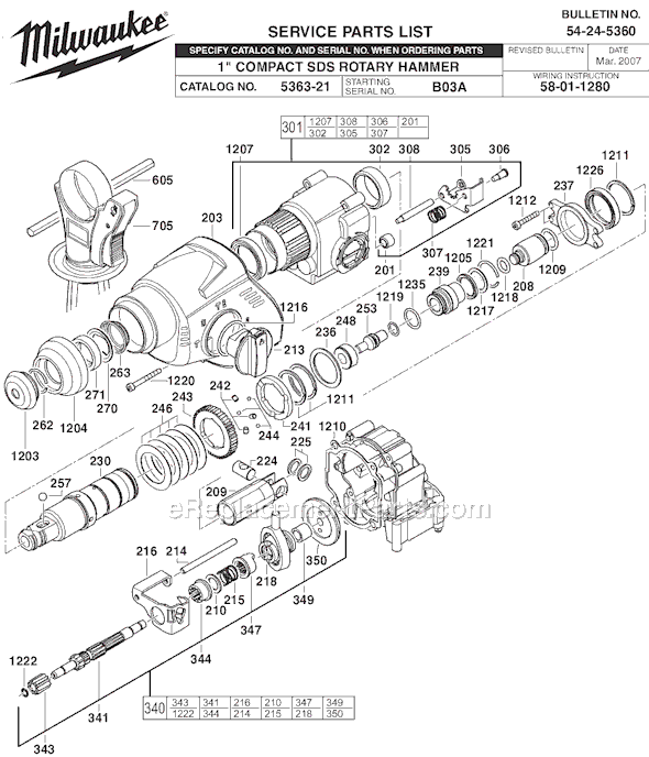 Page A Diagram and Parts List for SER B03A Milwaukee Demolition Hammer