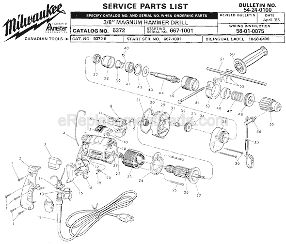Page A Diagram and Parts List for SER 667-1001 Milwaukee Hammer Drill