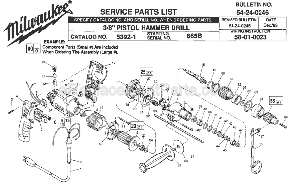 Page A Diagram and Parts List for SER 665B Milwaukee Hammer Drill