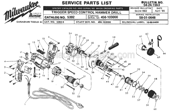 Page A Diagram and Parts List for SER 665-103000 Milwaukee Hammer Drill