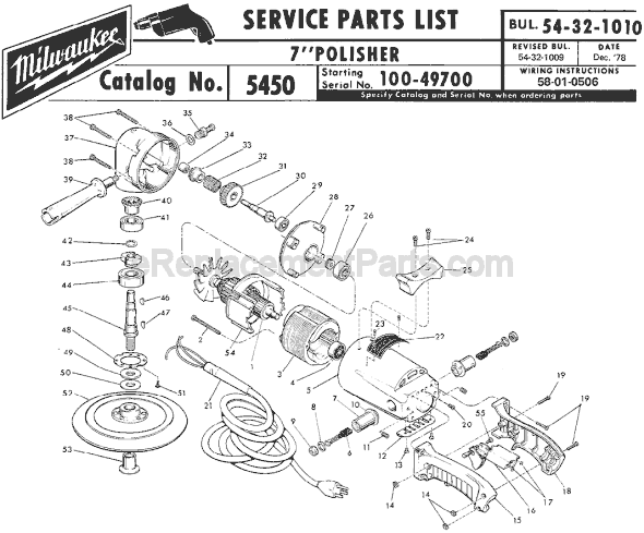 Page A Diagram and Parts List for SER 100-49700 Milwaukee Sander Polisher