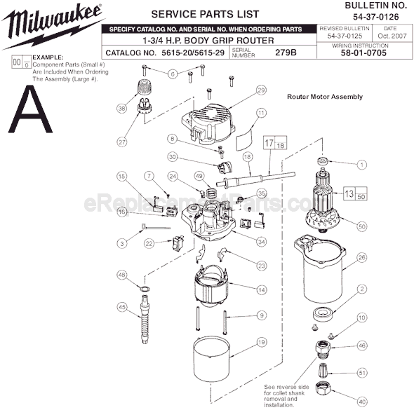 Page A Diagram and Parts List for SER 279B Milwaukee Router