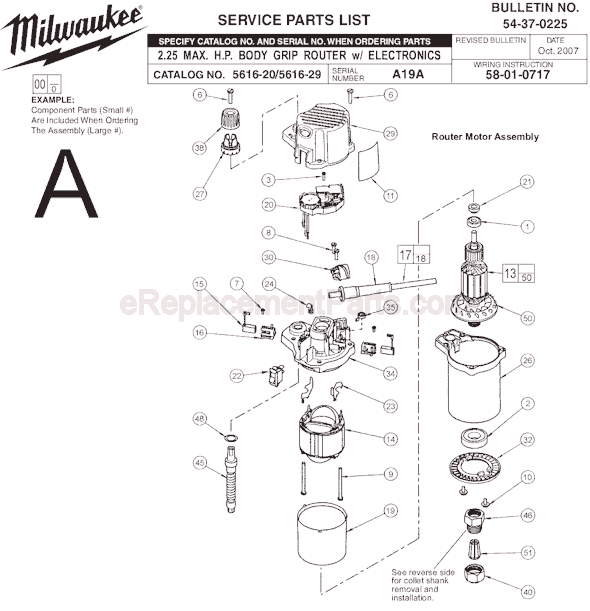 Page A Diagram and Parts List for SER A19A Milwaukee Router