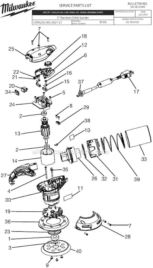 Page A Diagram and Parts List for SER B19A Milwaukee Orbital or Palm Sander