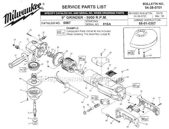 Page A Diagram and Parts List for SER 816A Milwaukee Sander Grinder