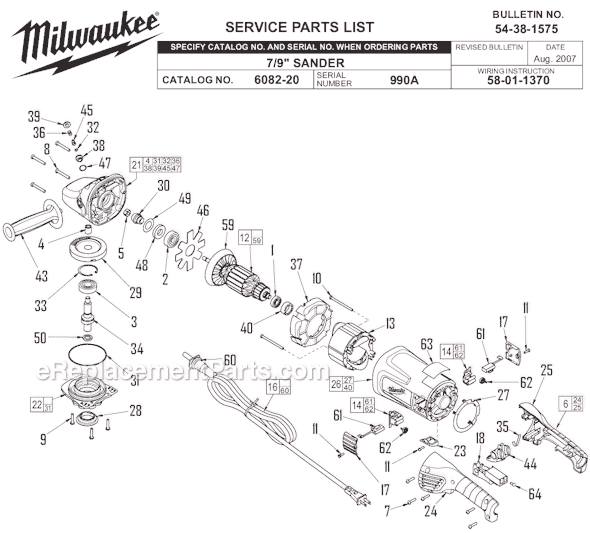 Page A Diagram and Parts List for SER 990A Milwaukee Sander Polisher