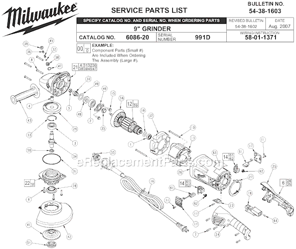 Page A Diagram and Parts List for SER 991D Milwaukee Sander Grinder