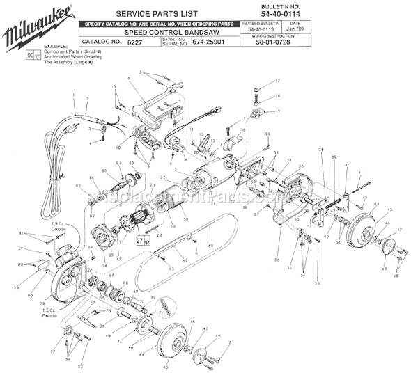 Page A Diagram and Parts List for SER 674-25901 Milwaukee Band Saw