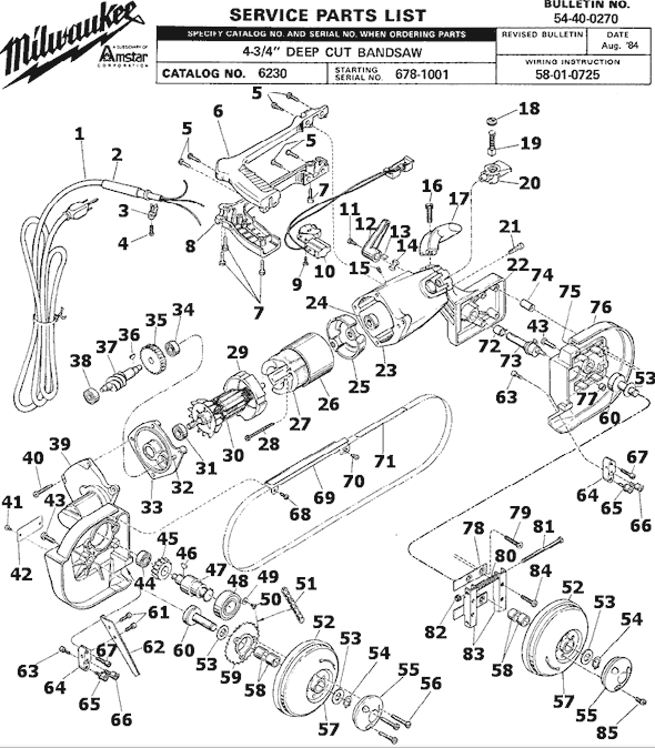 Page A Diagram and Parts List for SER 678-1001 Milwaukee Band Saw