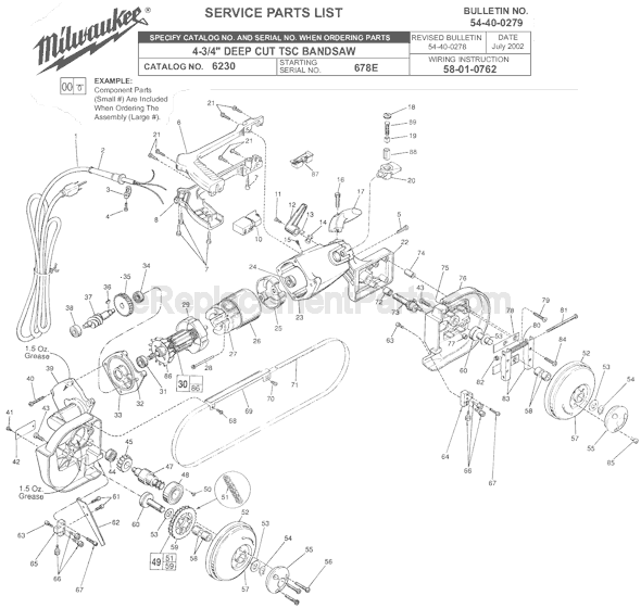 Page A Diagram and Parts List for SER 678E Milwaukee Band Saw