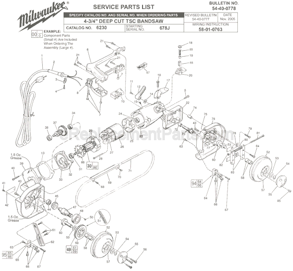 Page A Diagram and Parts List for SER 678J Milwaukee Band Saw
