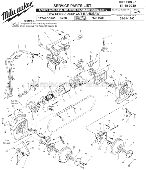 Page A Diagram and Parts List for SER 769-1001 Milwaukee Band Saw