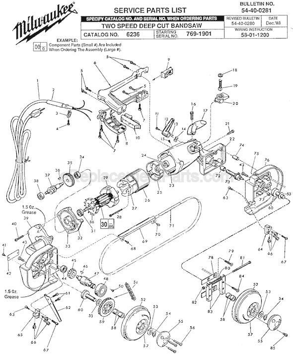 Page A Diagram and Parts List for SER 769-1901 Milwaukee Band Saw