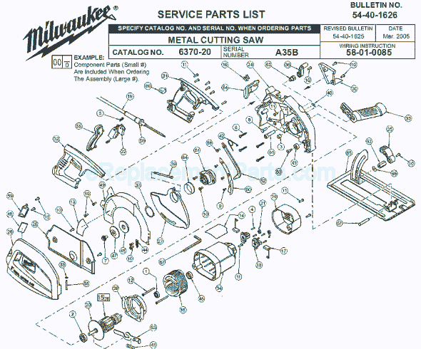 Page A Diagram and Parts List for SER A35B Milwaukee Circular Saw
