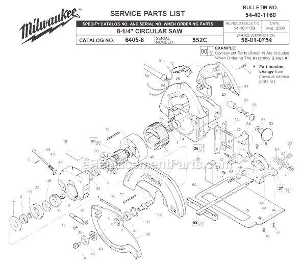 Page A Diagram and Parts List for 552C Milwaukee Circular Saw