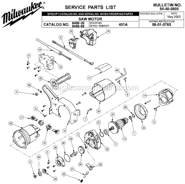 Page A Diagram and Parts List for SER 401A Milwaukee Circular Saw