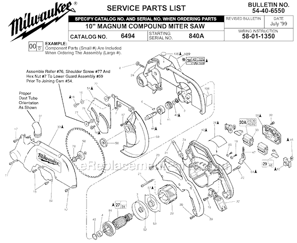 Page A Diagram and Parts List for SER 840A Milwaukee Miter Saw