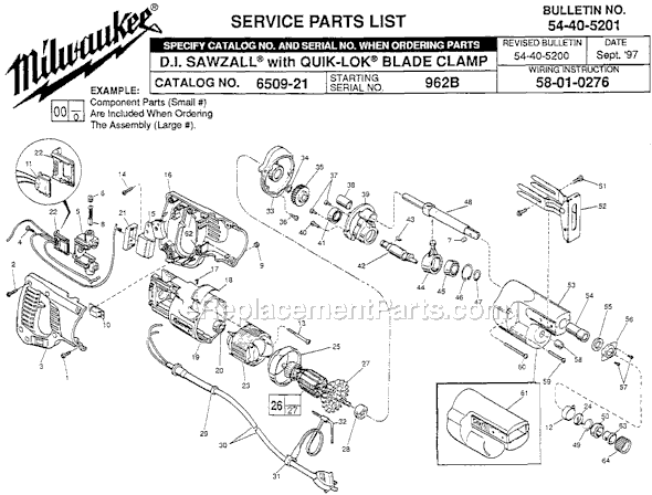 Page A Diagram and Parts List for SER 962B Milwaukee Reciprocating Saw