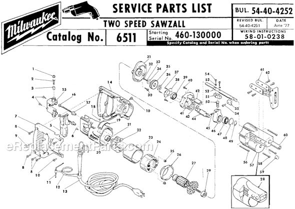 Page A Diagram and Parts List for SER 460-130000 Milwaukee Reciprocating Saw