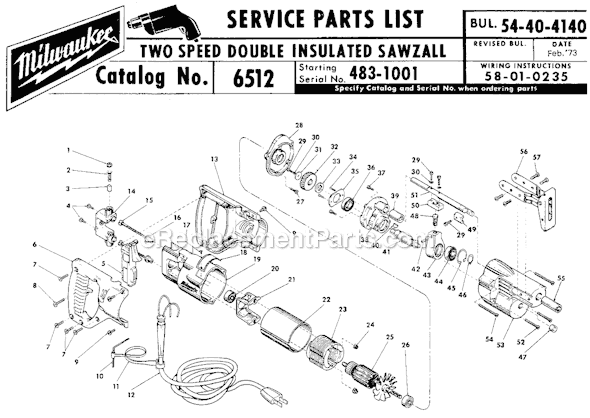 Page A Diagram and Parts List for 6512 SER 483-1001 Milwaukee Reciprocating Saw