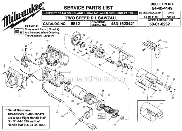 Page A Diagram and Parts List for 6512 SER 483-162042 Milwaukee Reciprocating Saw