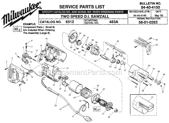 Page A Diagram and Parts List for 6512 SER 483A Milwaukee Reciprocating Saw