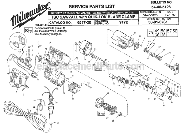 Page A Diagram and Parts List for SER 917B Milwaukee Reciprocating Saw