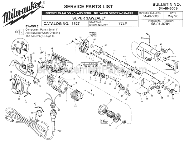 Page A Diagram and Parts List for SER 774F Milwaukee Reciprocating Saw