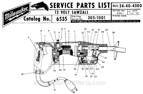 Page A Diagram and Parts List for SER 305-1001 Milwaukee Reciprocating Saw