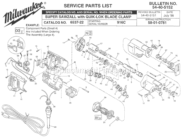 Page A Diagram and Parts List for 6537-22 SER 916C Milwaukee Reciprocating Saw