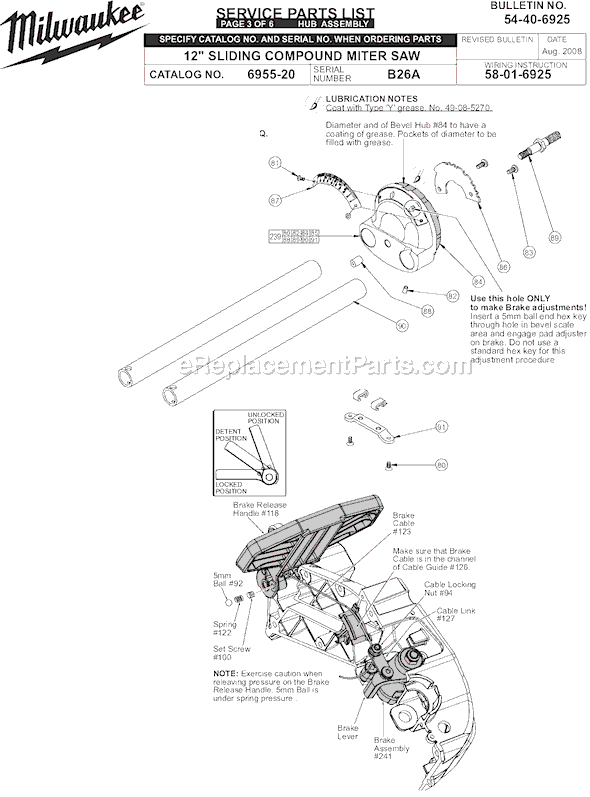 Page C Diagram and Parts List for SER B26A Milwaukee Miter Saw