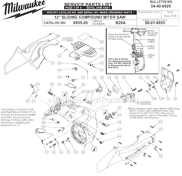 Page D Diagram and Parts List for SER B26A Milwaukee Miter Saw