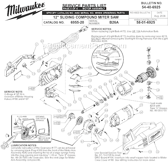 Page E Diagram and Parts List for SER B26A Milwaukee Miter Saw