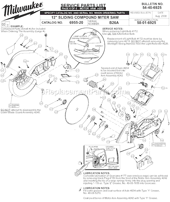 Page F Diagram and Parts List for SER B26A Milwaukee Miter Saw