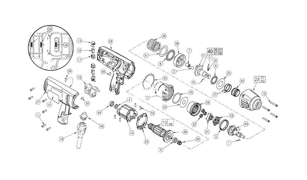 Variable Speed 1/2-Inch D.I. Impact Wrench Diagram and Parts List for 238B Milwaukee Wrench